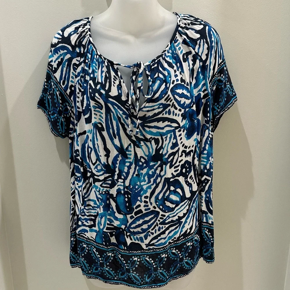 Lucky Brand Short Sleeve Boho Top Blue & White Size Medium - Picture 1 of 10